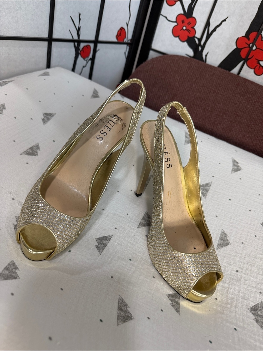 Guess Gold Crystal Slingback Peep-Toe Heels - Picture 3 of 8